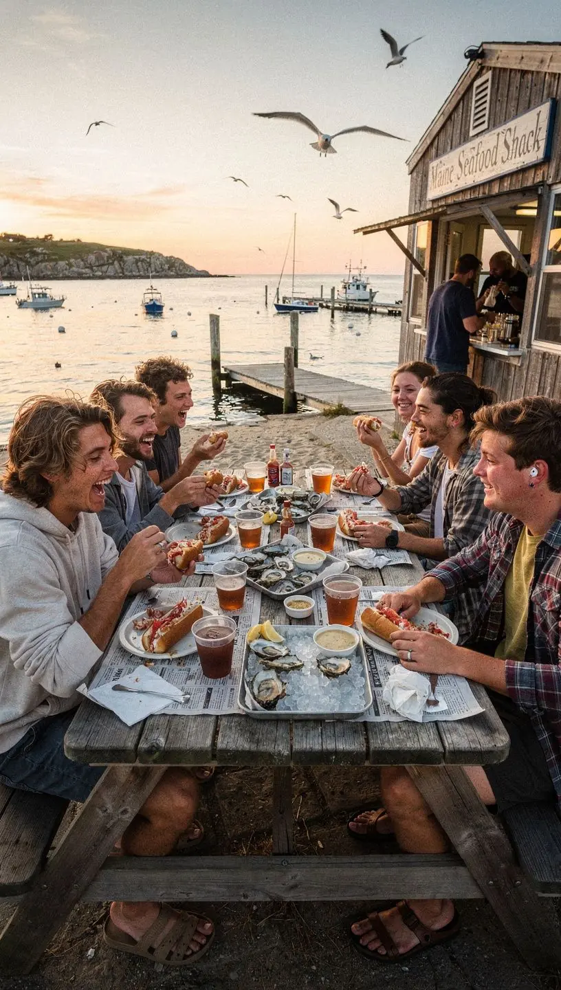 Группа туристов, пробующих уличную еду на фестивале в большом городе.